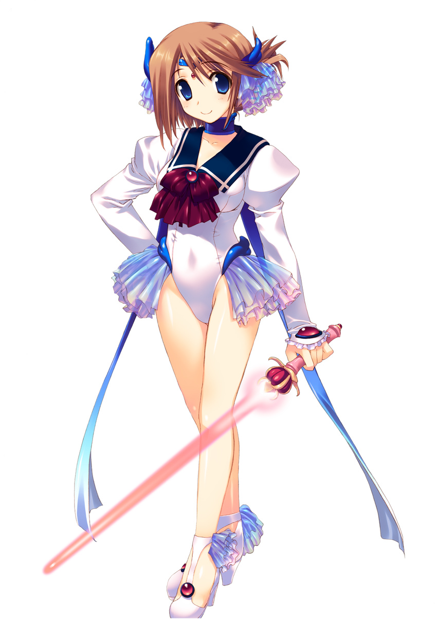 amazuyu_tatsuki arm_at_side bangs blue_eyes blush bow bowtie breasts brown_hair circlet closed_mouth collar collarbone covered_navel folded_ponytail frilled_skirt frilled_sleeves frills full_body gem glowing glowing_sword glowing_weapon hair_ornament hand_on_hip high_heels highleg highleg_leotard highres holding holding_sword holding_weapon jewelry juliet_sleeves komaki_manaka layered_skirt legs leotard light_smile long_sleeves looking_at_viewer medium_breasts miniskirt parted_bangs puffy_long_sleeves puffy_sleeves red_bow red_neckwear ruby_(stone) sailor_collar see-through shoes short_hair showgirl_skirt skirt sleeves_past_wrists smile solo standing strappy_heels swept_bangs sword to_heart_2 to_heart_2_dungeon_travelers transparent_background weapon white_footwear white_leotard