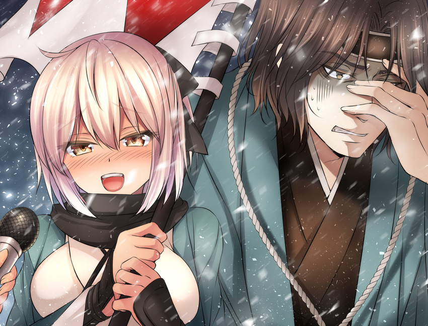 1girl banner black_ribbon black_scarf blonde_hair blush breasts brown_eyes brown_hair clenched_teeth crossover drifters eyebrows_visible_through_hair fate_(series) gloom_(expression) hair_between_eyes hair_ribbon half_updo hand_on_own_face head_tilt headband hijikata_toshizou_(drifters) holding koha-ace looking_at_viewer medium_breasts meme mia_(gute-nacht-07) microphone nose_blush okita_souji_(fate) okita_souji_(fate)_(all) outdoors ribbon scarf short_hair snowing special_feeling_(meme) sweatdrop teeth upper_body