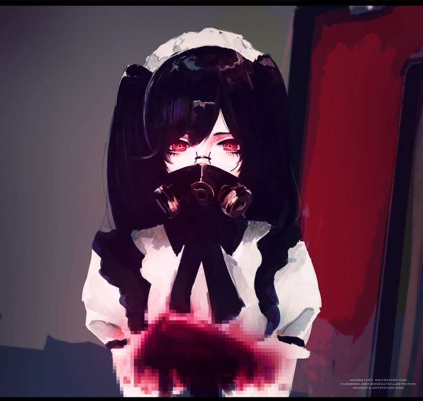 aoi_ogata bangs black_hair black_ribbon censored covered_mouth eyelashes gas_mask glasses glowing glowing_eyes hands_up highres indoors long_hair looking_at_viewer maid maid_headdress mask mosaic_censoring original puffy_short_sleeves puffy_sleeves red_eyes ribbon shirt short_sleeves solo twintails upper_body watermark web_address