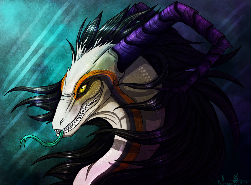 black_hair blue_background dragon fork_tongue hair headshot horn neytirix nude scales simple_background smile solo teeth white_scales yellow_eyes