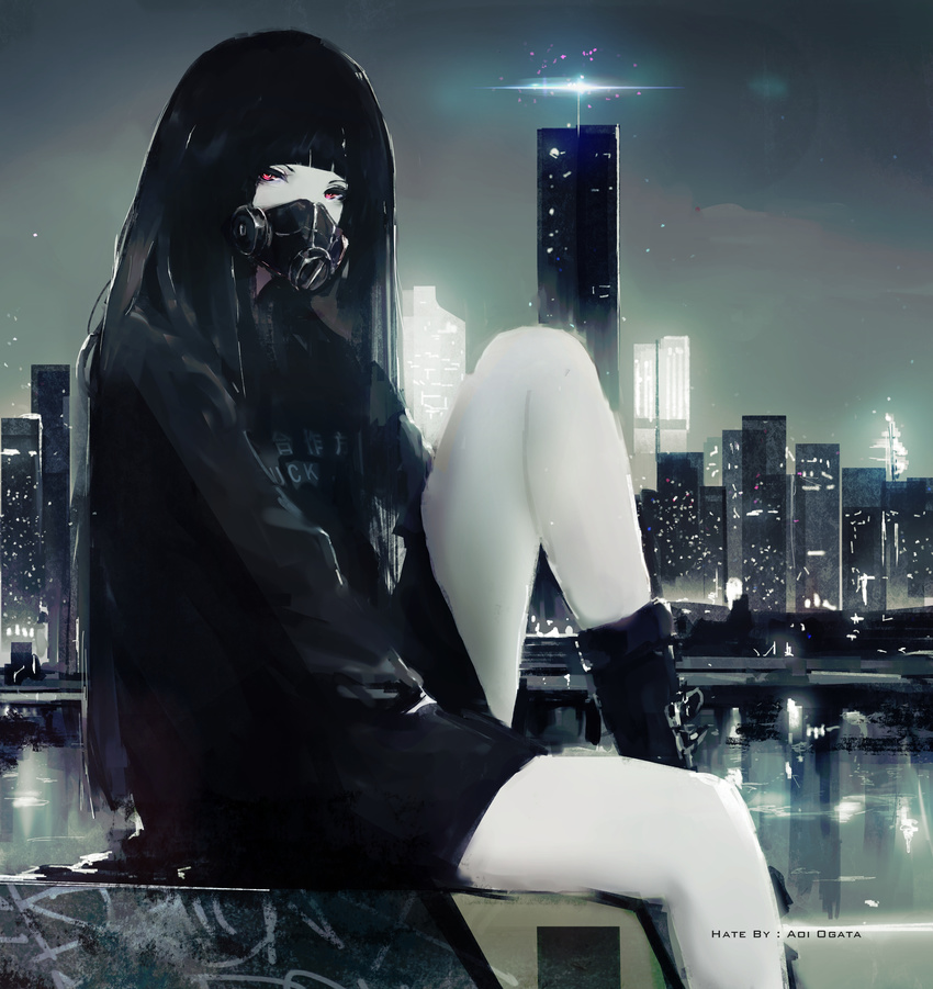 absurdres aoi_ogata arms_between_legs artist_name bangs black_footwear black_hair black_skirt blunt_bangs boots bridge building city city_lights cityscape clothes_writing covered_mouth gas_mask highres hood hood_down hoodie kiraiko knee_boots knee_up long_sleeves looking_at_viewer mask night original outdoors red_eyes road scenery sitting skirt sky skyscraper solo sparkle watermark