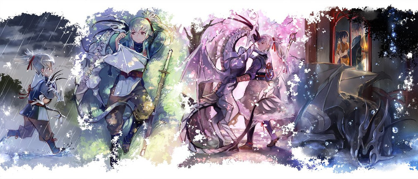 1boy 1girl bow_(weapon) cherry_blossoms child dragon fire_emblem fire_emblem_if japanese_clothes miyuki_ruria my_unit_(fire_emblem_if) oboro_(fire_emblem_if) rain shinai smile snow sword takumi_(fire_emblem_if) weapon