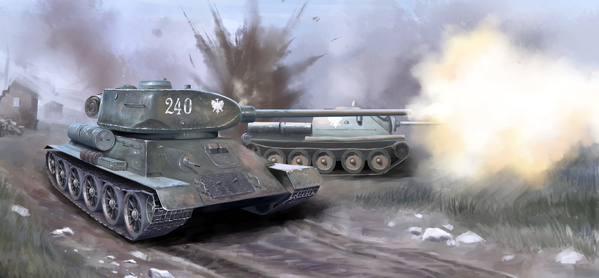 building caterpillar_tracks emblem explosion firing ground_vehicle highres house military military_vehicle motor_vehicle no_humans number original outdoors ruins su-85 t-34 tank turret zuotian_de_yu