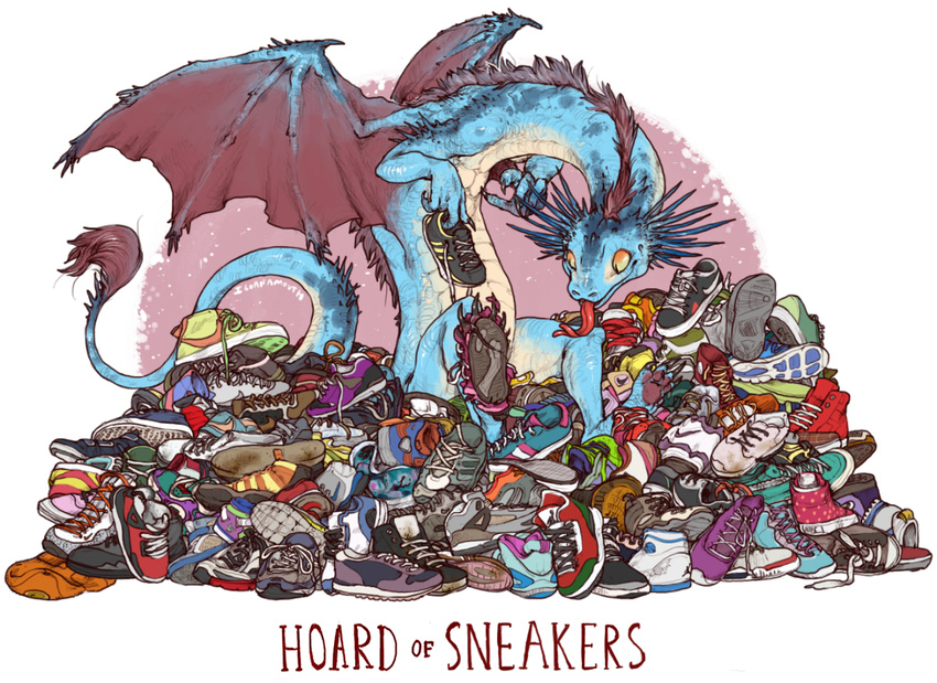 dragon english_text feral forked_tongue front_view hoard holding_object iguanamouth long_neck long_tail long_tongue membranous_wings scalie semi-anthro signature sitting smile sneakers spines spread_wings text tongue tongue_out wings