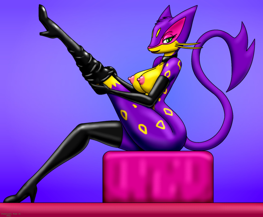 2016 anthro anthrofied boots breasts chameloshi choker clothing elbow_gloves female footwear fur gloves gradient_background green_eyes holding_leg leather legwear liepard looking_at_viewer nintendo nipples pinup pok&eacute;mon pok&eacute;morph pose purple_fur raised_leg simple_background sitting smile solo thigh_high_boots video_games yellow_fur