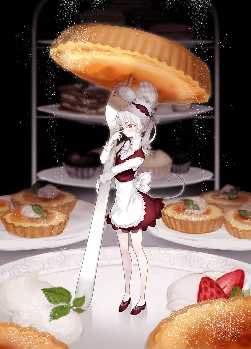 absurdres animal_ears dress food fork highres maid original ozyako pale_skin ponytail red_eyes solo sweets tail white_hair white_skin