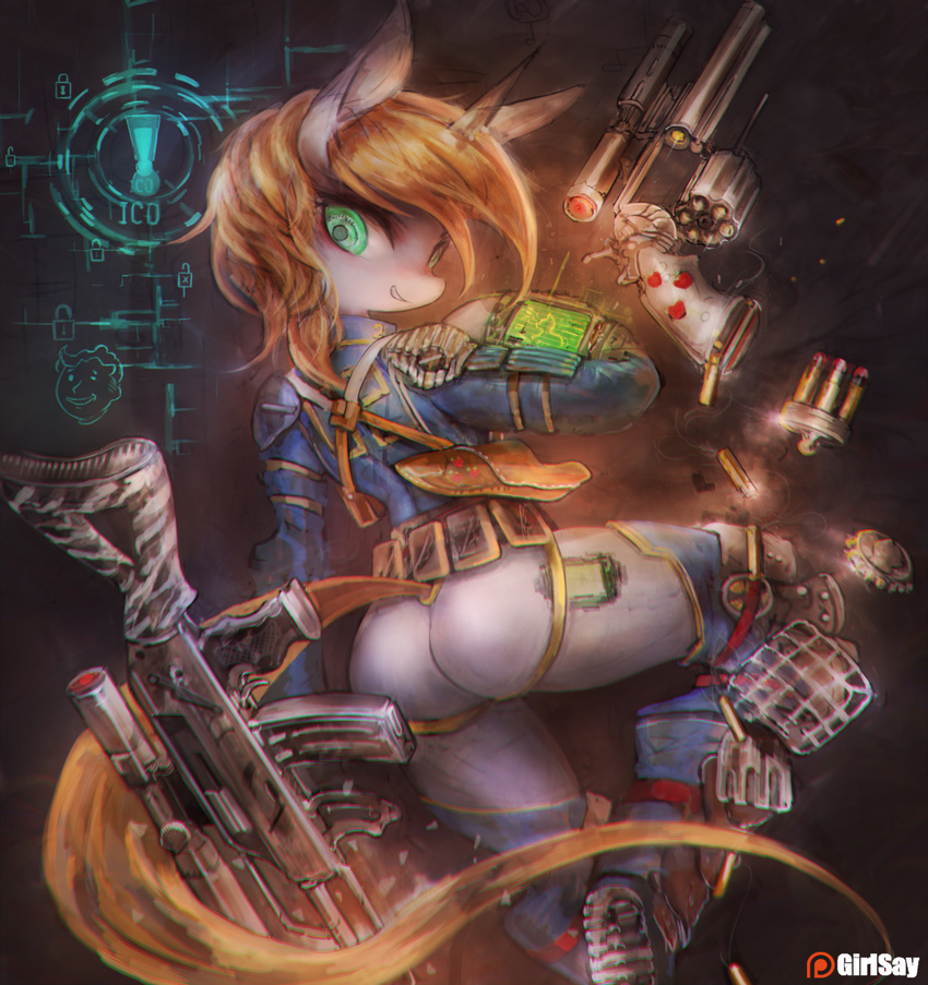 anthro brown_hair butt clothed clothing cutie_mark digital_media_(artwork) equine eyelashes fallout_equestria fan_character female fur girlsay green_eyes grey_fur gun hair horn horse littlepip mammal my_little_pony ranged_weapon smile solo unicorn weapon