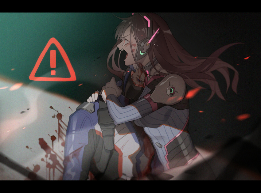 1boy 1girl a821 angry bangs blood blood_on_face blood_on_wall bloody_clothes bodysuit bracer breasts broken_mask brown_eyes brown_hair covered_mouth d.va_(overwatch) dying face_mask facepaint facial_mark from_side gloves headphones hug injury jacket letterboxed long_hair long_sleeves mask medium_breasts open_mouth overwatch pauldrons pilot_suit profile purple_bodysuit ribbed_bodysuit short_hair shoulder_pads sitting skin_tight soldier:_76_(overwatch) tears teeth tongue upper_body visor whisker_markings white_gloves white_hair