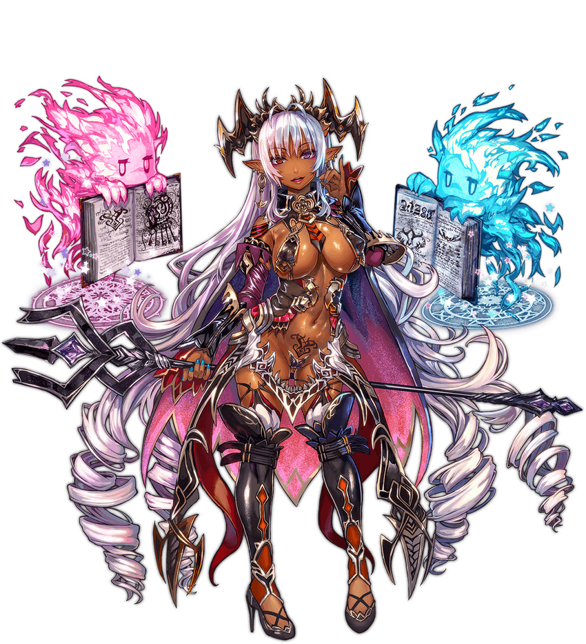 absurdly_long_hair book boots breasts cape chikokuma dark_skin dorothea_(sennen_sensou_aigis) drill_hair earrings full_body headdress high_heels holding holding_staff jewelry large_breasts long_hair looking_at_viewer magic_circle nail_polish navel official_art pointy_ears purple_eyes red_eyes revealing_clothes sennen_sensou_aigis shiny shiny_skin solo staff stomach_tattoo tattoo thigh_boots thighhighs transparent_background very_long_hair white_hair