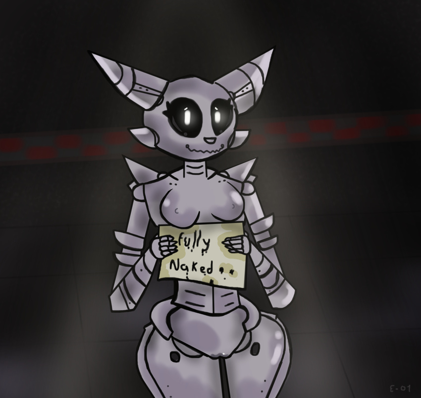 2016 5_fingers animatronic anthro black_sclera breasts canine digital_media_(artwork) e-01 endoskeleton english_text female five_nights_at_freddy's fox glowing glowing_eyes grey_nipples grey_nose grey_pussy humanoid looking_at_viewer machine mammal metal nipples not_furry nude pussy robot simple_background smile solo text the_basement video_games wirelessa