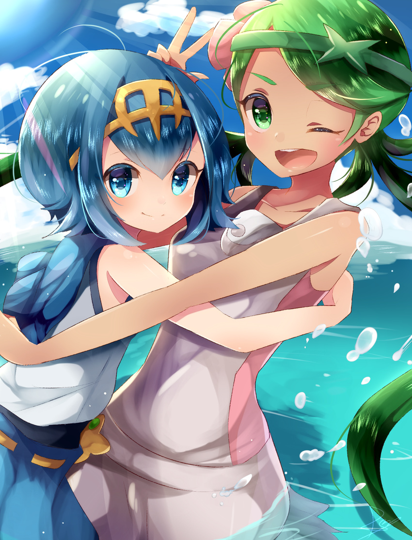 ;d blue_eyes blue_hair blue_pants blue_sailor_collar blue_sky cloud dark_skin day flower green_eyes green_hair hair_flower hair_ornament hairband height_difference highres hug light_rays long_hair looking_at_viewer mao_(pokemon) multiple_girls ocean one_eye_closed open_mouth outdoors overalls pants partially_submerged pokemon pokemon_(game) pokemon_sm rushin sailor_collar short_hair sky sleeveless smile splashing suiren_(pokemon) sunbeam sunlight swimsuit swimsuit_under_clothes trial_captain twintails v wading water