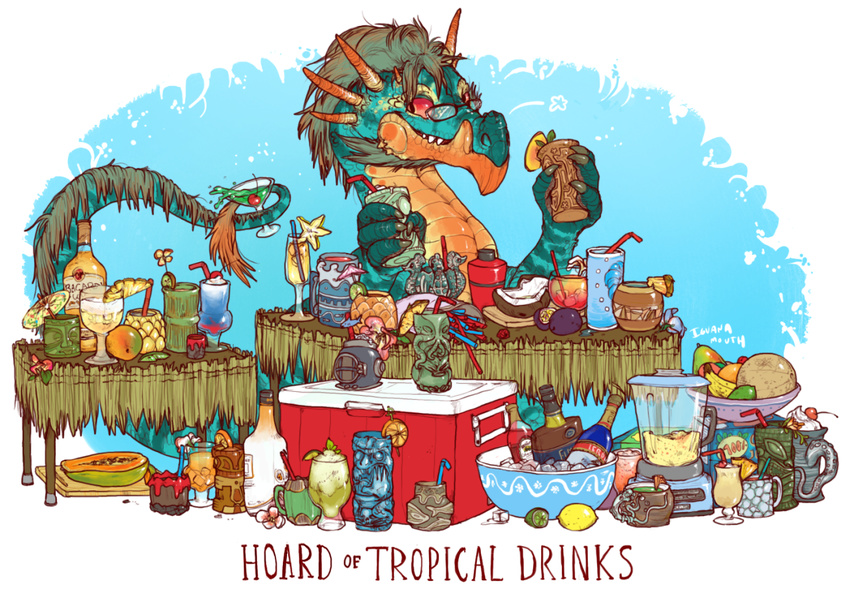 alcohol ambiguous_gender beverage bowl cocktail_glass coconut cooler dragon english_text eyewear food front_view fruit fur furred_dragon glasses hoard holding_food holding_object horn iguanamouth long_tail papaya_(fruit) scalie semi-anthro signature text