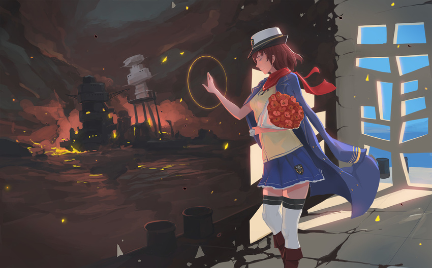 blouse blue_skirt boots bouquet closed_eyes commentary_request female_service_cap fire flower frilled_skirt frills hat highres jacket_on_shoulders neckerchief pacific pearl_harbor pier red_hair red_neckwear shards sima_naoteng skirt solo thighhighs uss_arizona_(bb-39) white_legwear wind wind_lift yellow_blouse