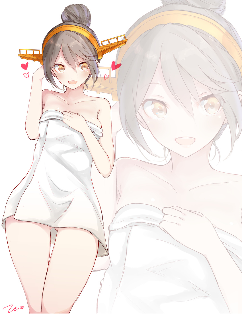 :d alternate_costume alternate_hairstyle ass_visible_through_thighs bare_arms bare_shoulders black_hair hair_between_eyes hair_bun hairband haruna_(kantai_collection) heart highres kantai_collection looking_to_the_side naked_towel open_mouth smile solo tebi_(tbd11) thigh_gap towel white_towel yellow_eyes zoom_layer