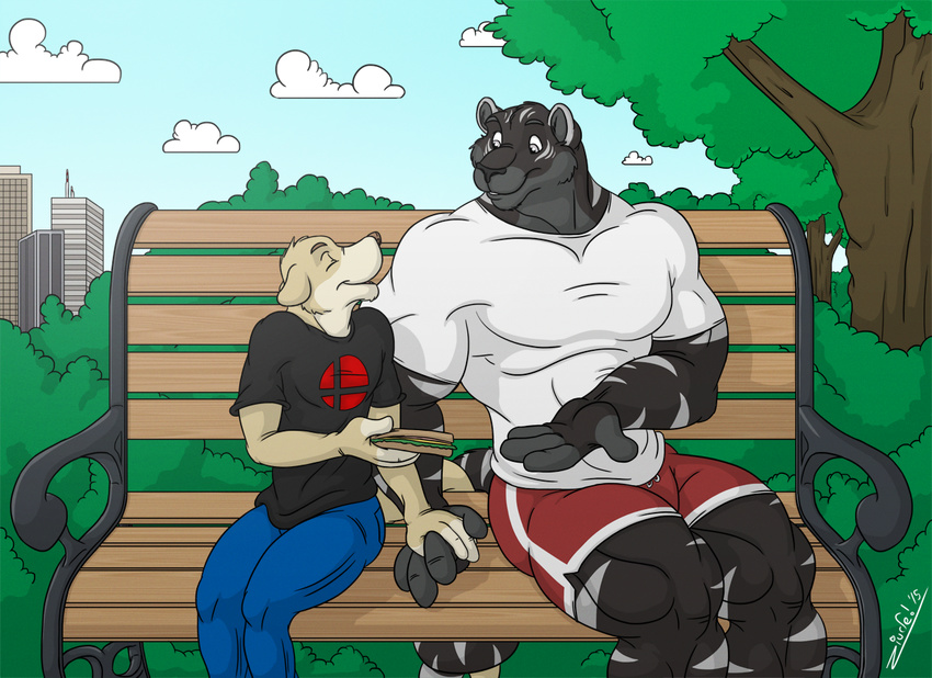 2015 4_fingers anthro bench biceps biped black_clothing black_fur black_nose black_tail black_topwear blue_bottomwear blue_clothing blue_sky brown_nose building bushes city clothed clothing cloud day detailed_background digital_media_(artwork) duo eyebrows eyes_closed feline fingerless_(marking) food front_view fur grey_eyes grey_fur grey_stripes grey_tail hand_holding holding_food holding_object juano larger_male male male/male mammal meerkat miles_(meerkatmiles) mongoose multicolored_fur multicolored_tail muscular muscular_male outside pants park quads red_bottomwear red_clothing romantic_couple sandwich_(food) shirt shorts signature sitting size_difference sky smaller_male smile snout sokatak striped_fur striped_tail stripes t-shirt tan_fur tan_tail tiger tree two_tone_fur two_tone_tail white_clothing white_fur white_topwear