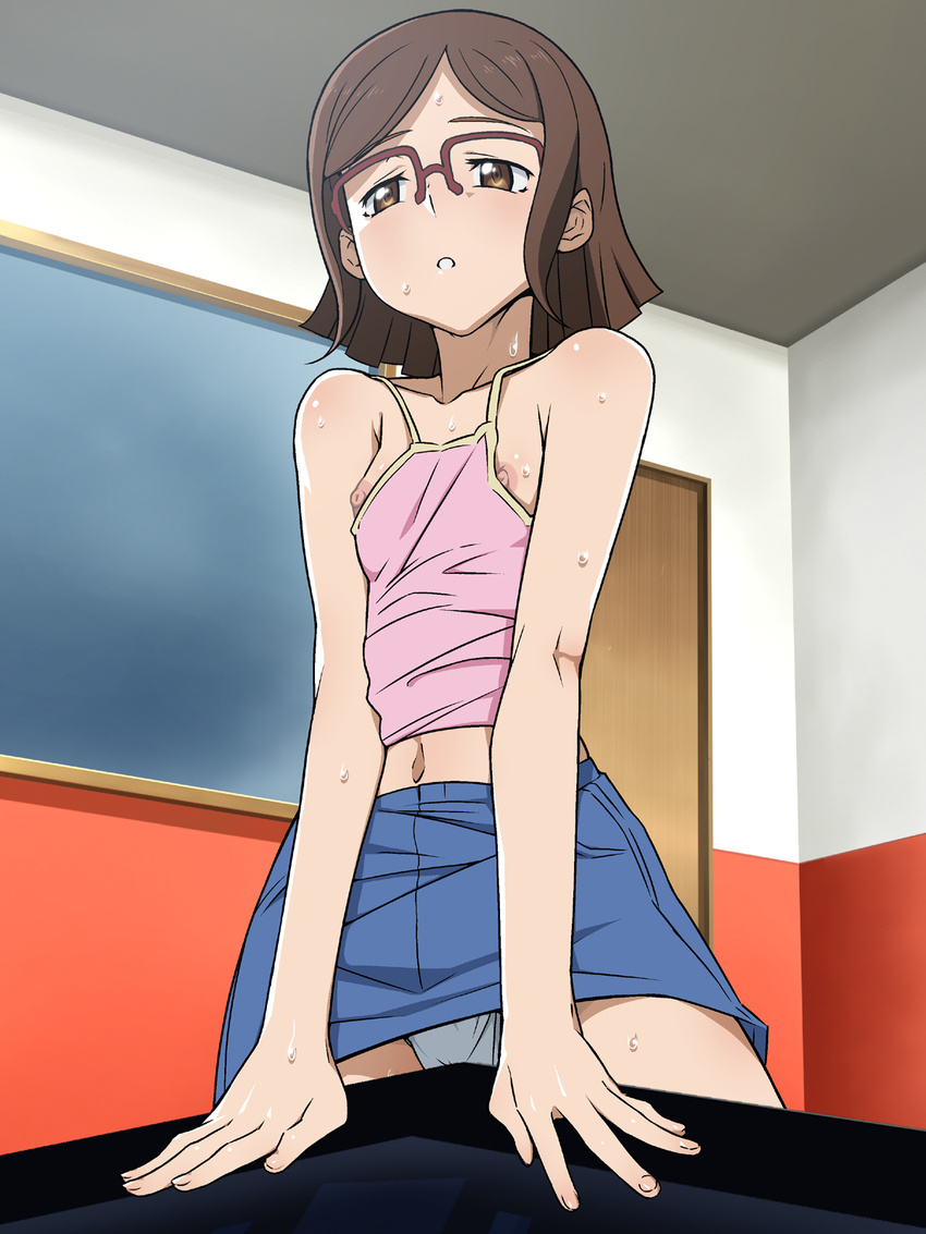 1girl areola_slip areolae bare_arms bare_shoulders blush breasts brown_eyes brown_hair crotch_rub desk door glasses gundam gundam_build_fighters highres ice_place indoors kousaka_china legs looking_at_viewer midriff navel nipple_slip nipples panties pantyshot pantyshot_(standing) parted_lips red-framed_glasses rubbing short_hair skirt sleeveless small_breasts solo standing sweat table table_sex thighs underwear