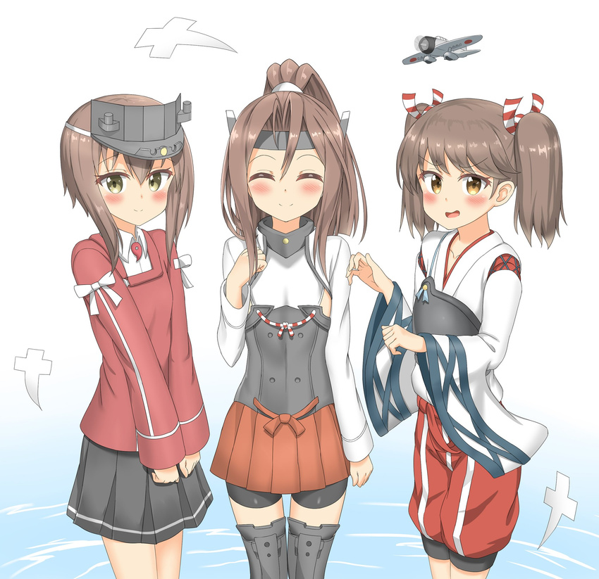 brown_hair cosplay costume_switch flat_chest hair_ribbon highres japanese_clothes kantai_collection kariginu long_sleeves multiple_girls muneate nedia_(nedia_region) ponytail ribbon ryuujou_(kantai_collection) ryuujou_(kantai_collection)_(cosplay) taihou_(kantai_collection) taihou_(kantai_collection)_(cosplay) trait_connection twintails visor_cap zuihou_(kantai_collection) zuihou_(kantai_collection)_(cosplay)