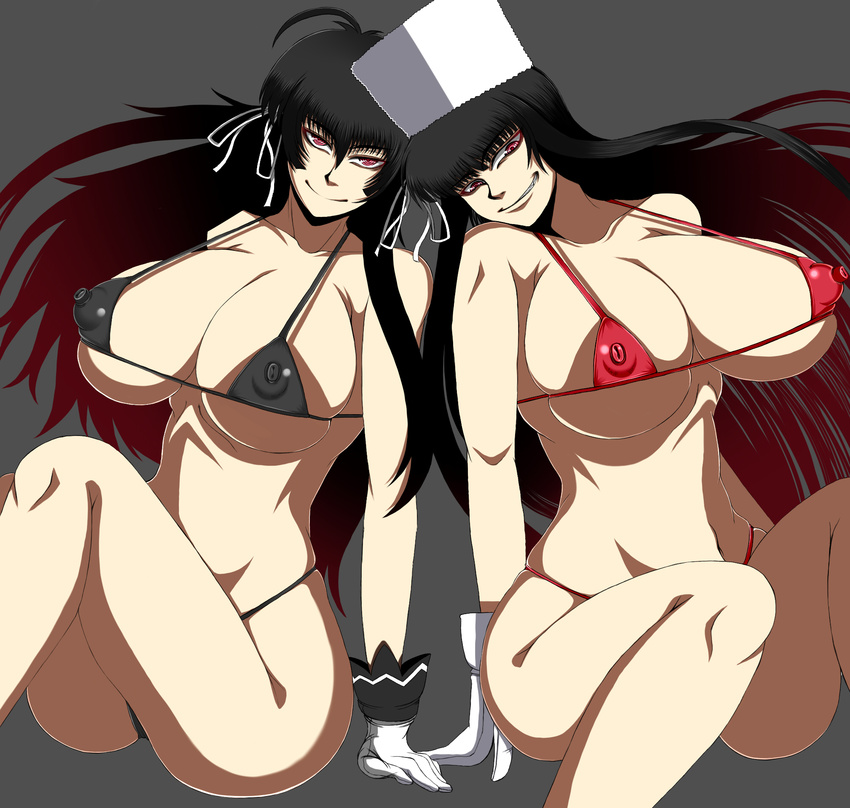 alucard bikini black_hair breasts crossover drifters easy easy_(drifters) girlycard gloves hat hellsing hikora huge_breasts long_hair red_eyes smile