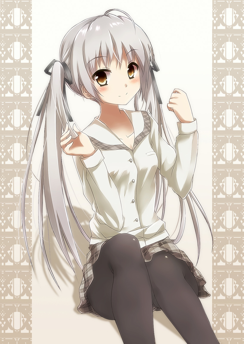 ahoge black_legwear black_ribbon breasts cleavage collarbone eyebrows_visible_through_hair hair_ribbon highres icyfox kasugano_sora long_hair looking_at_viewer pantyhose pleated_skirt ribbon shirt silver_hair skirt small_breasts smile solo twintails white_shirt yellow_eyes yosuga_no_sora