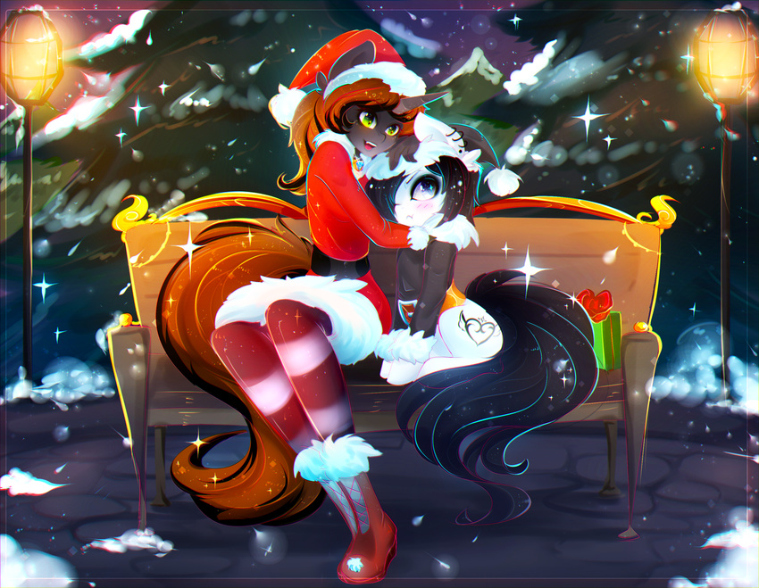 anthro bench black_hair clothed clothing cutie_mark duo equine eyelashes fan_character female feral green_eyes hair hooves horn koveliana mammal my_little_pony night outside sitting smile snow snowing unicorn