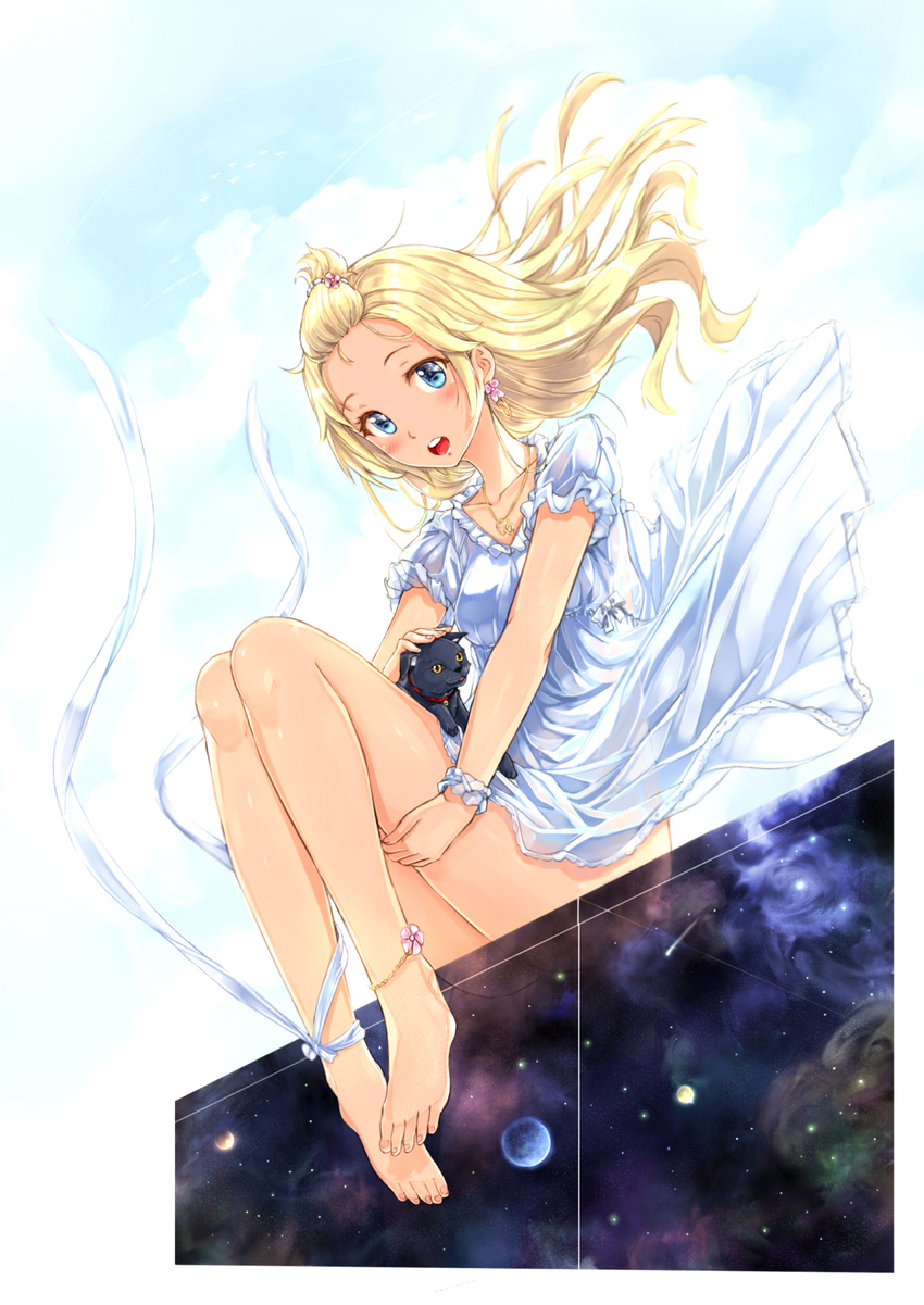 animal ankle_ribbon anklet bare_legs barefoot black_cat blonde_hair blue_eyes blush cat commentary_request dress earrings hair_ornament highres jewelry kazeno long_hair looking_at_viewer necklace open_mouth original ribbon sitting smile solo white_dress