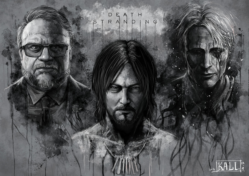 absurdres beard commentary_request copyright_name death_stranding facial_hair glasses guillermo_del_toro highres mads_mikkelsen multiple_boys norman_reedus signature surgical_scar thugkali title