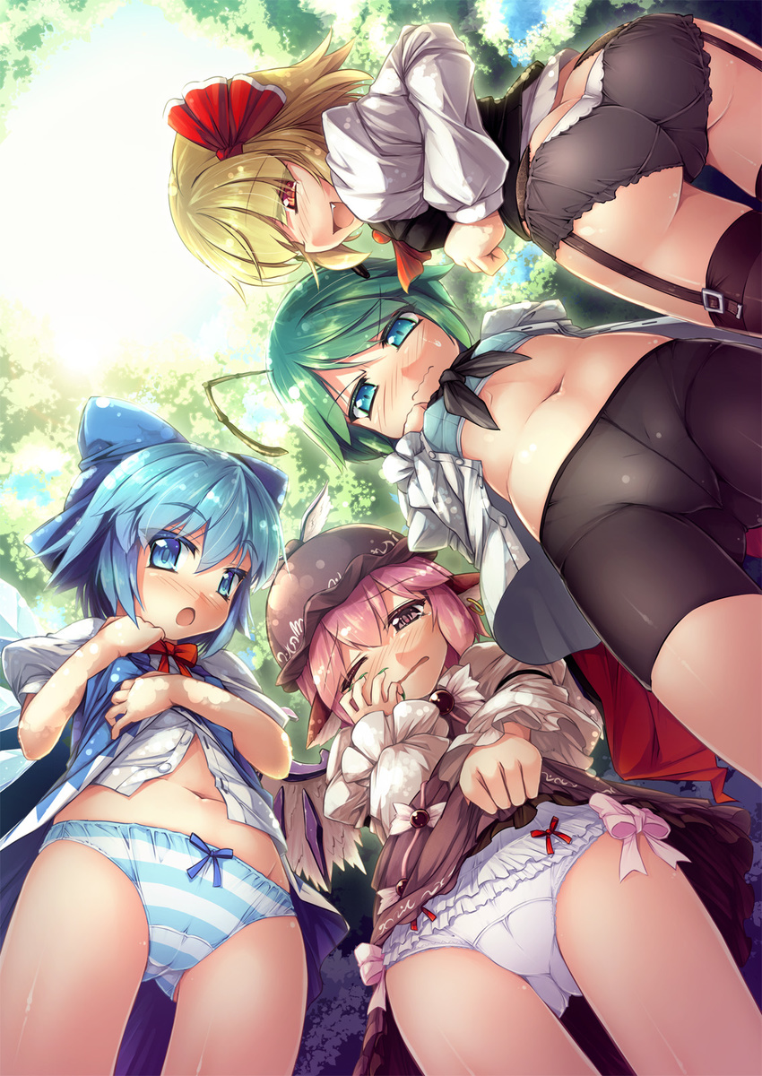 antenna_hair ascot ass ass_visible_through_thighs belly bike_shorts black_legwear black_panties blonde_hair blue_bow blue_dress blue_eyes blue_hair blue_panties bow bow_panties bra breasts cameltoe chima_q cirno day dress dress_lift embarrassed fang garter_belt green_bra green_eyes green_hair hair_ribbon hat highres juliet_sleeves lace lace-trimmed_panties lifted_by_self long_sleeves looking_at_viewer multiple_girls mystia_lorelei navel no_pants one_eye_closed open_mouth outdoors panties pink_eyes pink_hair puffy_long_sleeves puffy_short_sleeves puffy_sleeves red_eyes red_ribbon ribbon rumia shirt short_hair short_sleeves small_breasts smile striped striped_panties team_9 thighhighs touhou unbuttoned underwear wavy_mouth white_panties white_shirt wriggle_nightbug