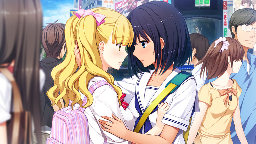 backpack bag bangs black_hair blonde_hair blue_eyes blunt_bangs blush collarbone enkou_shoujo game_cg hair_ribbon kawaragi_yuuki koizumi_amane long_hair long_sleeves looking_at_another mitsuki_mako multiple_girls ribbon school_uniform short_hair short_sleeves smile twintails yellow_eyes yuri