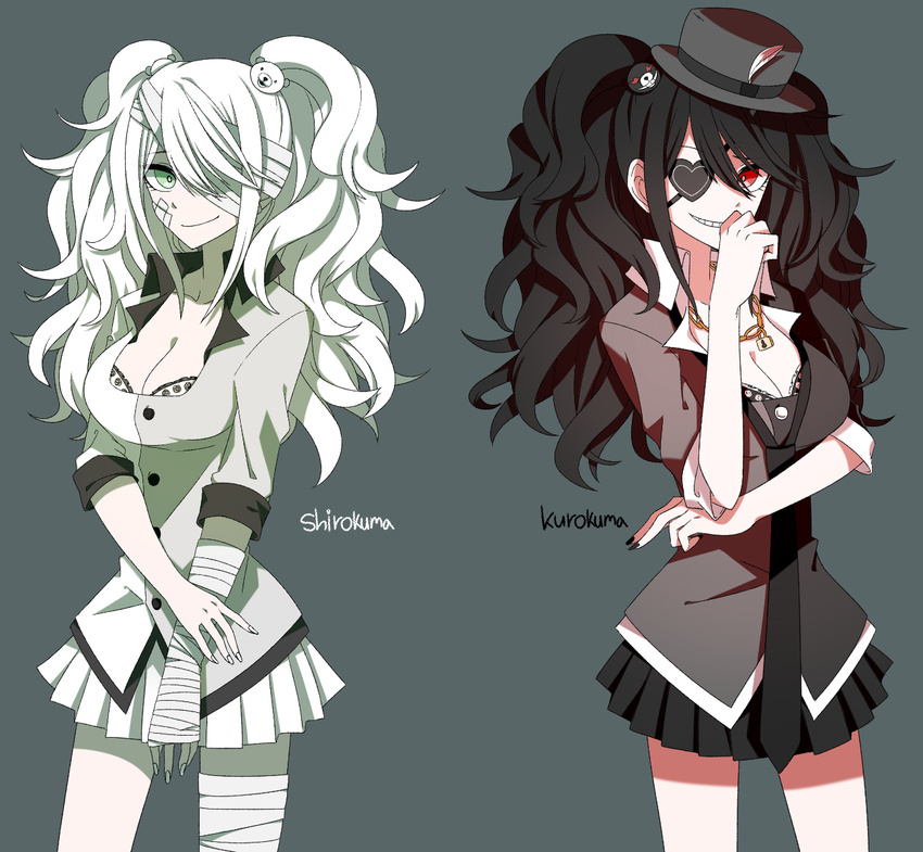 bad_id bad_pixiv_id bandages breasts cleavage danganronpa enoshima_junko eyepatch hat highres kurokuma_(danganronpa) large_breasts long_hair looking_at_viewer multiple_girls necktie personification rondu shirokuma_(danganronpa) simple_background skirt smile spoilers zettai_zetsubou_shoujo