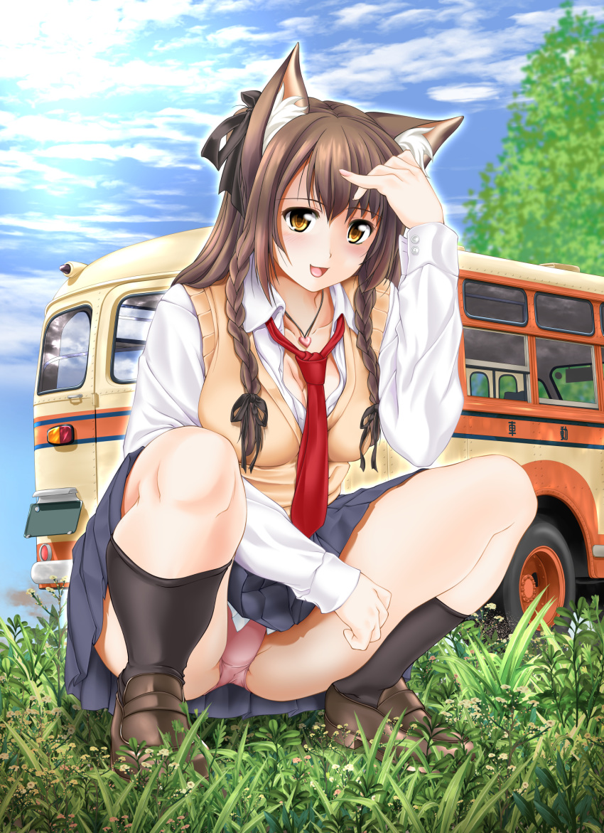 animal_ears cleavage open_shirt pantsu seifuku sweater tomoya_kankurou