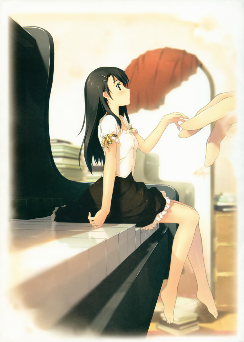 absurdres arch arm_at_side bangs bare_legs barefoot black_hair black_skirt blouse blue_eyes blurry blush book book_stack border breasts closed_mouth depth_of_field different_reflection feet foot_dangle frilled_skirt frilled_sleeves frills from_side full_body grand_piano hair_ornament hairclip happy highres indoors instrument kantoku long_hair looking_at_another minigirl mirror original out_of_frame outstretched_hand piano plaid plantar_flexion profile reaching reflection reflective_floor ribbon short_sleeves sitting skirt small_breasts smile solo_focus straight_hair white_blouse white_border yellow_ribbon
