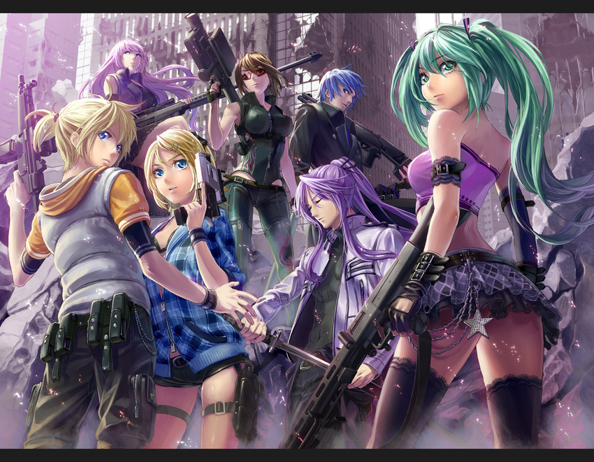 4girls anti-materiel_rifle bandeau blonde_hair blue_eyes blue_hair bra brown_hair chain city cityscape epic finger_on_trigger from_below green_eyes green_hair gun h&amp;k_mp5 handgun hatsune_miku heckler_&amp;_koch holster kagamine_len kagamine_rin kaito kamui_gakupo katana left-handed letterboxed lingerie long_hair machine_gun megurine_luka meiko mg42 midriff multiple_boys multiple_girls open_clothes open_shirt plaid purple_hair rifle rocket_launcher ruins sheath shirt short_hair shotgun siblings sniper_rifle strapless submachine_gun sunglasses sword thigh_strap thighhighs trigger_discipline tubetop twins twintails underwear unsheathing vocaloid weapon yahako