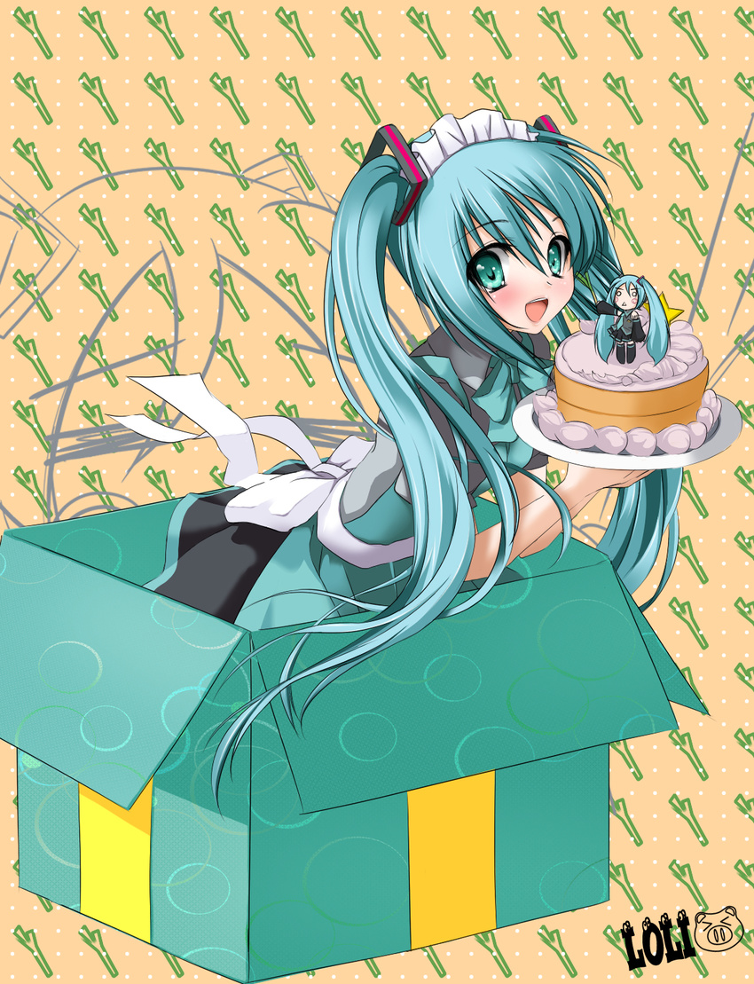 apron aqua_eyes aqua_hair box cake food hachune_miku hairband hatsune_miku highres in_box in_container loli-pig long_hair pastry smile solo twintails very_long_hair vocaloid waitress