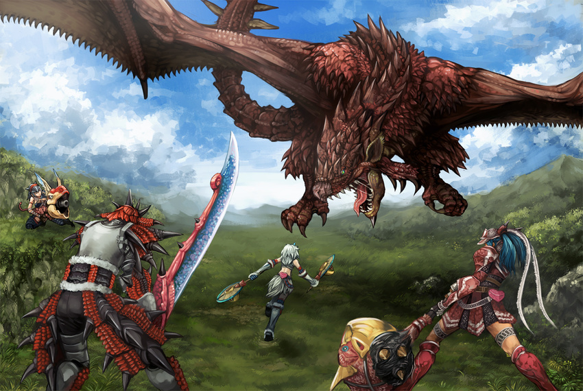 3girls battle dragon hammer hermitaur_(armor) kirin_(armor) monster monster_hunter multiple_girls nargacuga_(armor) rathalos rathalos_(armor) shibairo sword weapon wyvern yian_kut-ku