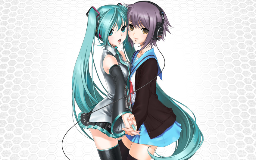 2girls aqua_eyes aqua_hair artist_request asymmetrical_docking blush breast_press breasts brown_eyes hand_holding hatsune_miku headphones highres long_hair multiple_girls nagato_yuki nail nail_polish nails necktie open_mouth painted_nails purple_hair school_uniform seifuku serafuku short_hair skirt smile suzumiya_haruhi_no_shoushitsu suzumiya_haruhi_no_yuuutsu thighhighs tie twintails vocaloid white zettai_ryouiki