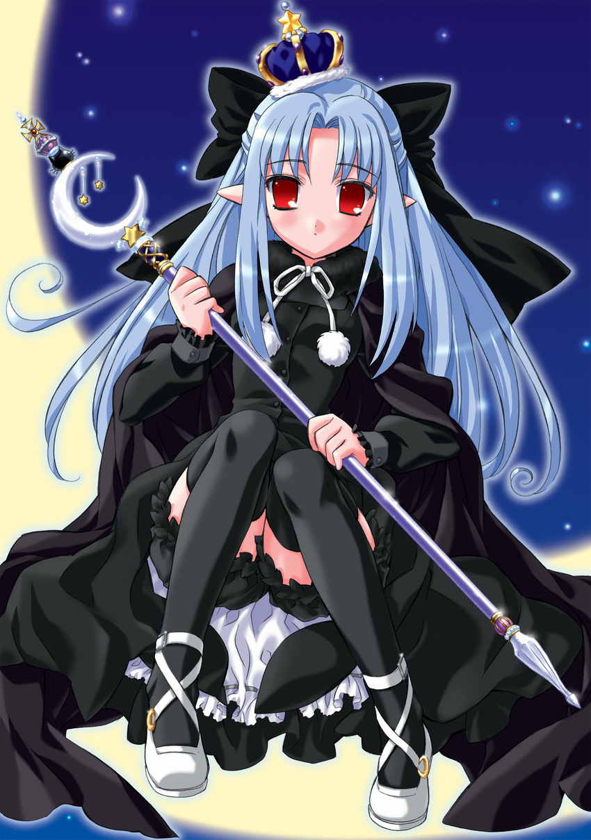absurdres artist_request blue_hair cosplay crown hat highres len melty_blood pointy_ears red_eyes solo staff thighhighs tsukihime