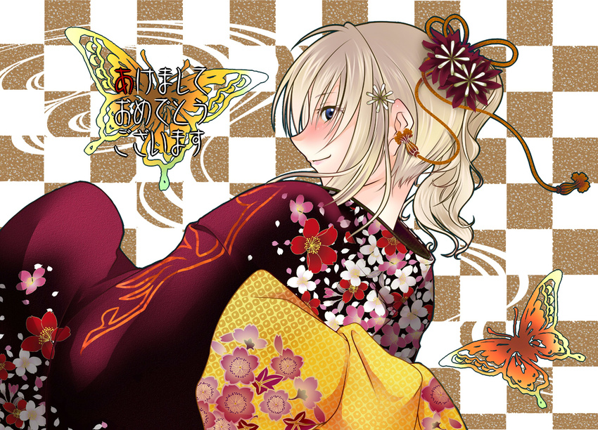 blonde_hair bug butterfly hair_ornament insect japanese_clothes kimono koougi new_year ponytail solo umineko_no_naku_koro_ni ushiromiya_jessica