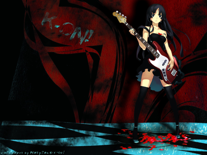 bass k-on! long_hair mio_akiyama skirt thigh_highs wallpaper