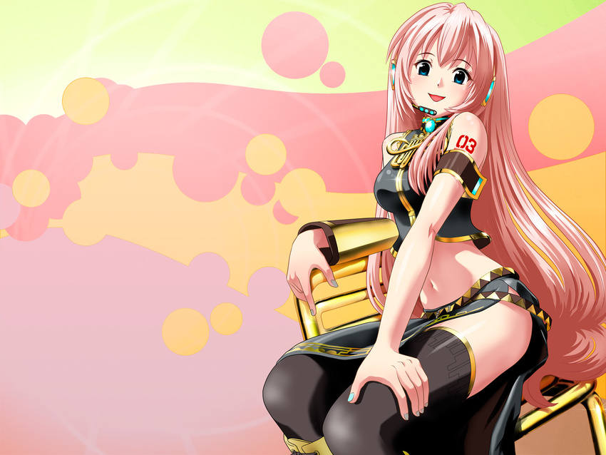 blue_eyes headset highres long_hair megurine_luka midriff open_mouth pink_hair ponnetsu shiny shiny_skin sitting smile solo thighhighs very_long_hair vocaloid