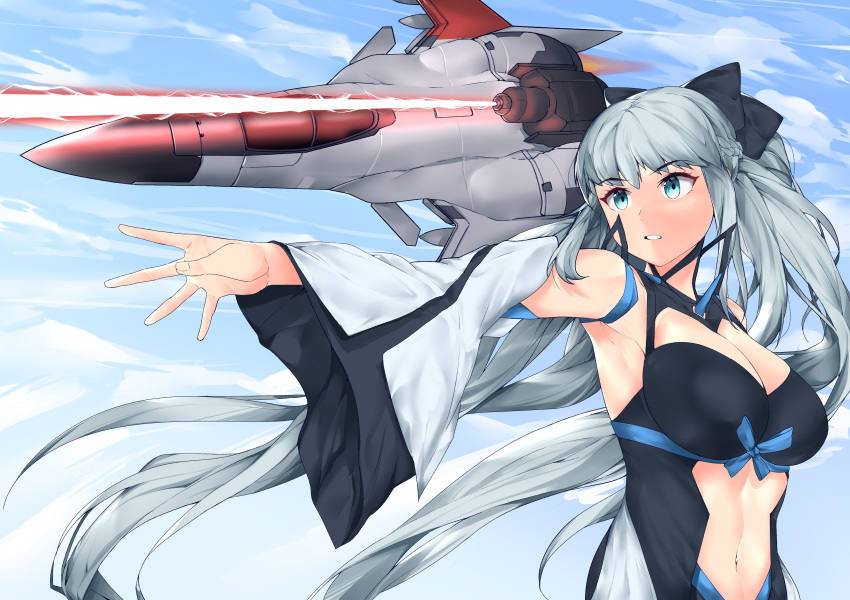 1girl absurdres ace_combat ace_combat_zero adfx-02_morgan armpits artist_request black_bow bow braid breasts cleavage clothing_cutout cloud cloudy_sky commentary detached_sleeves english_commentary eyebrows_visible_through_hair fate/grand_order fate_(series) firing french_braid highres large_breasts laser light_blue_eyes midriff morgan_le_fay_(fate) namesake navel outstretched_arm platinum_blonde_hair sky stomach_cutout upper_body