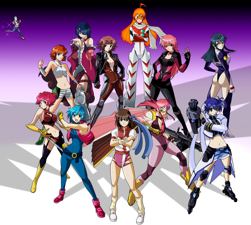 6+girls adiane allenby_beardsley ass blue_bodysuit blue_eyes blue_hair blue_leotard bodysuit breasts brown_hair buster_machine_7 cleavage code_geass crossover cutie_honey cutie_honey_(character) eyepatch from_above fujimura_shizuru g_gundam gloves green_eyes gundam hairband headband hidaka_aoi highres ibis_douglas inline_skates juusou_kikou_dancouga_nova kallen_stadtfeld kisaragi_honey large_breasts leeron leotard long_hair lyrical_nanoha mach_caliber magical_girl mahou_shoujo_lyrical_nanoha mahou_shoujo_lyrical_nanoha_strikers medium_breasts multiple_crossover multiple_girls nono_(top_wo_nerae_2!) odd_one_out orange_hair pantyhose pink_hair pink_leotard re:_cutie_honey red_eyes red_hair renais_cardiff_shishiou revolver_knuckle roller_skates scarf shinkon_gattai_godannar!! short_hair skates spike_wible subaru_nakajima super_robot_wars sword takaya_noriko tengen_toppa_gurren_lagann top_wo_nerae! top_wo_nerae_2! weapon yuusha_ou_gaogaigar yuusha_series