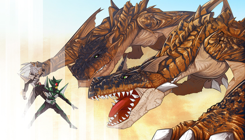 crossover dragon ethird highres kamen_rider kamen_rider_kabuto_(series) kamen_rider_kick_hopper kamen_rider_punch_hopper monster monster_hunter multiple_boys tigrex wyvern