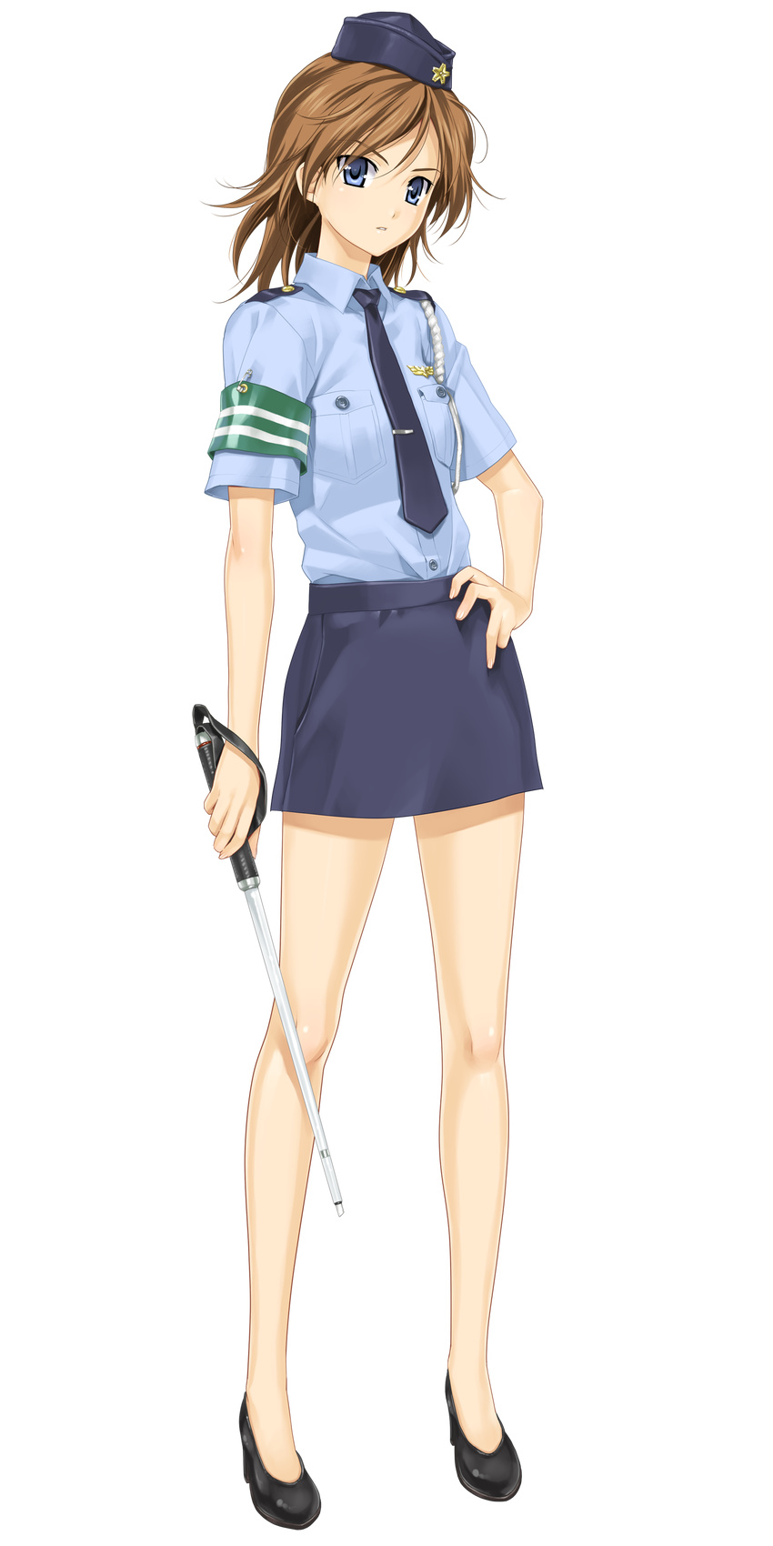 absurdres blue_eyes breasts brown_hair daimonji_yu full_body happoubi_jin hat high_heels highres miniskirt necktie pencil_skirt police police_uniform policewoman shoes skirt small_breasts solo standing tire_marking_tool transparent_background uniform zettai_shougeki