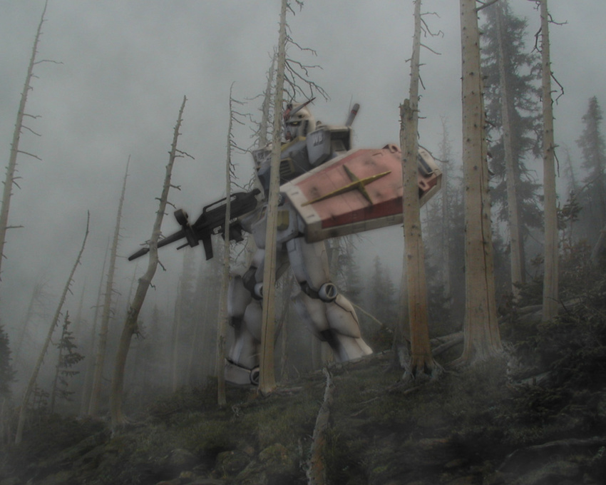 artist_request earth_federation forest gundam mecha mobile_suit_gundam nature no_humans photorealistic realistic rx-78-2 science_fiction solo