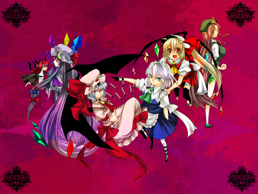 ankle_lace-up bad_id bad_pixiv_id black_legwear blonde_hair blue_eyes blue_hair bow braid chinese_clothes cross-laced_footwear crossed_arms crystal flandre_scarlet floating gloves green_eyes hair_bow hand_on_shoulder hat head_wings highres hong_meiling izayoi_sakuya knife koakuma large_bow lavender_hair long_hair maid maid_headdress minigirl multiple_girls one_eye_closed open_mouth orange_hair outstretched_arm pantyhose patchouli_knowledge pink_eyes purple_hair red_eyes red_hair remilia_scarlet serious short_hair silver_hair smile the_embodiment_of_scarlet_devil thighhighs touhou twin_braids white_legwear yutazou