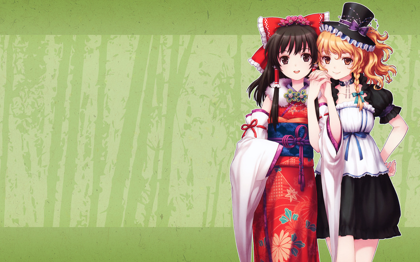 an2a bow detached_sleeves hair_bow hakurei_reimu hands hat heart highres holding_hands japanese_clothes kimono kirisame_marisa multiple_girls smile third-party_edit touhou wallpaper