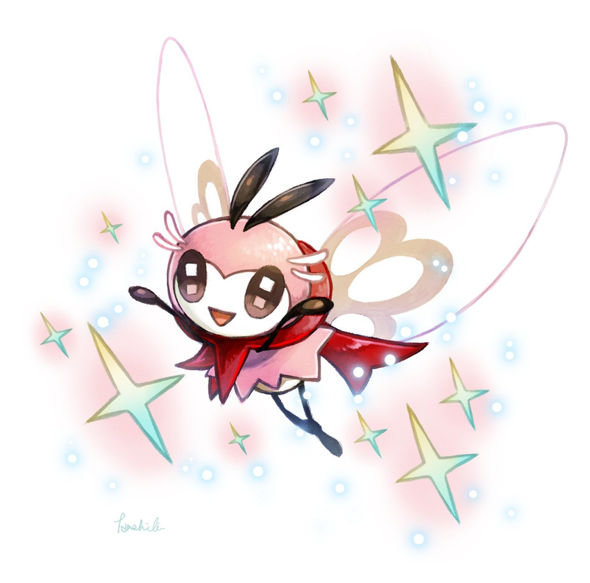 alternate_color antennae bug flying gen_7_pokemon hashibi_rokou highres insect insect_wings looking_at_viewer no_humans open_mouth pokemon pokemon_(creature) red_scarf ribombee scarf shiny_pokemon signature simple_background smile solo sparkle sparkling_eyes white_background wings
