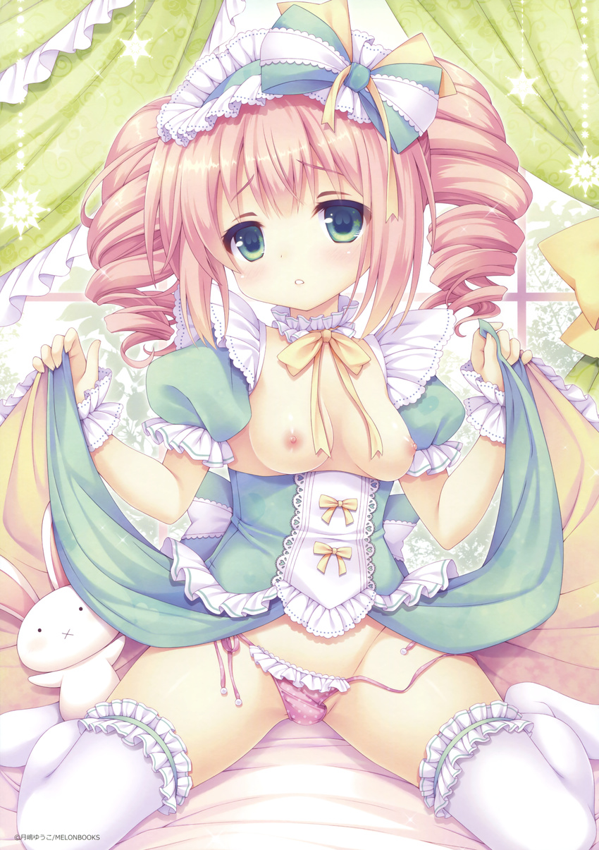 absurdres bow breasts choker dress drill_hair eyebrows_visible_through_hair green_bow green_eyes groin hair_bow highres kneeling long_hair looking_at_viewer medium_breasts neck_ribbon nipples original panties pink_hair pink_panties ribbon side-tie_panties solo thighhighs tsukishima_yuuko twin_drills underwear untied untied_panties white_legwear wrist_cuffs yellow_ribbon