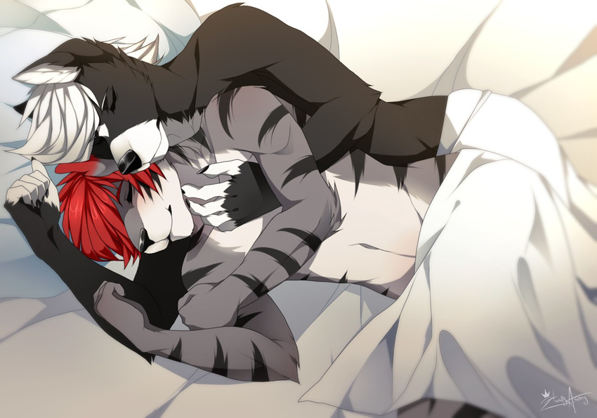 2016 anthro bed black_fur black_nose blush canine cat clothed clothing digital_media_(artwork) duo eyebrows eyes_closed feline fur grey_fur hair hazakyaracely lying male male/male mammal multicolored_fur on_bed on_side red_hair sex smile spoon_position spooning striped_fur stripes topless white_fur white_hair wolf wolffkey zedneko