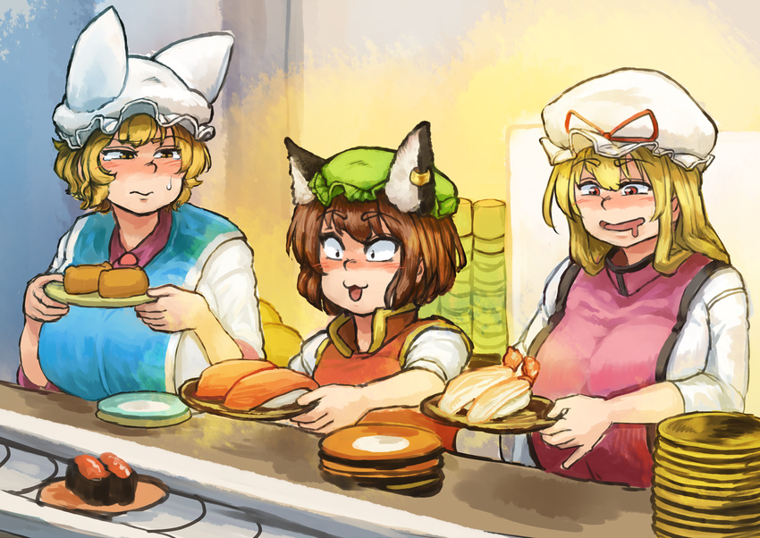 :3 animal_humanoid big_breasts blonde_hair blush breasts brown_hair canine cat_humanoid chanta chen drooling ear_piercing feline female food fox fox_humanoid group hair hat huge_breasts human humanoid mammal piercing plate ran_yakumo red_eyes saliva sushi sweat sweatdrop touhou yellow_eyes yukari_yakumo